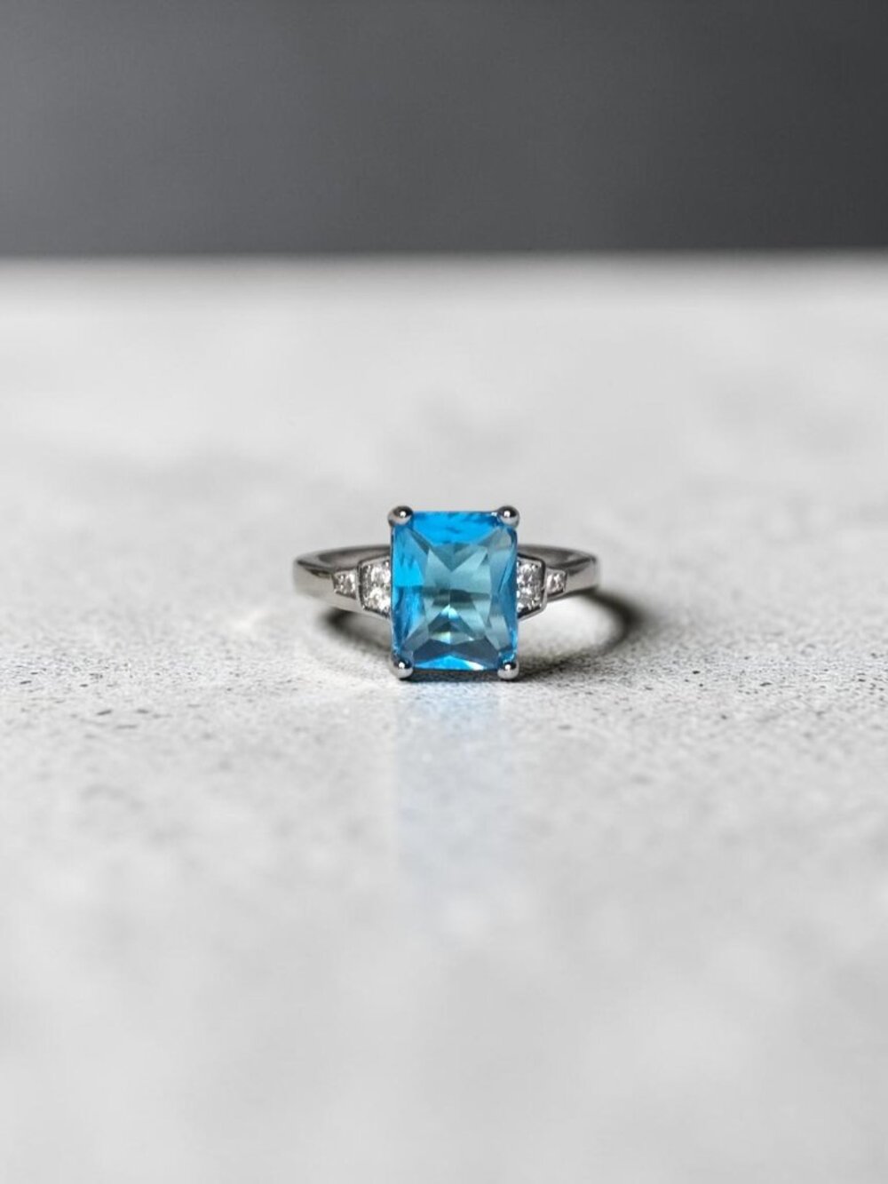 Emerald Cut Swiss Blue Topaz CZ Statement Ring - 925 Sterling Silver - Size 7